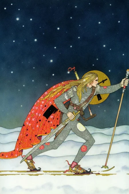 kaynielsen1 illustration.
Portrait of a man with long blond flowing hair, shown in side profile, is skiing through a snow-covered landscape under a star-filled night sky. He is dressed in armor with intricate patterns and a red cape with floral patterns. He holds a ski pole in one hand and a broad sword in the other hand. He also carries a round shield on his back. <lora:kaynielsen1_d8a4e12:1.0><lora:865912604537663832:0>