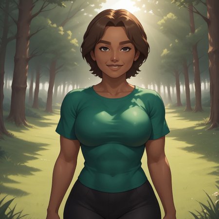 score_9, score_8, BREAK, solo, wii, mii, wii sports, 1girl, female mii, brown hair, black eyes, brown eyebrows, brown lips, lipstick, plump, dark skin, dark green clothing, black pants, shoes, nintendo mii, modern_mii, classic_mii, big breasts, Delilah_(Wii_Sports), sexy pose, smile, outdoors, sunlight, shadows, evening lighting, natural lighting, forest, trees, grass, orange sky, sunset