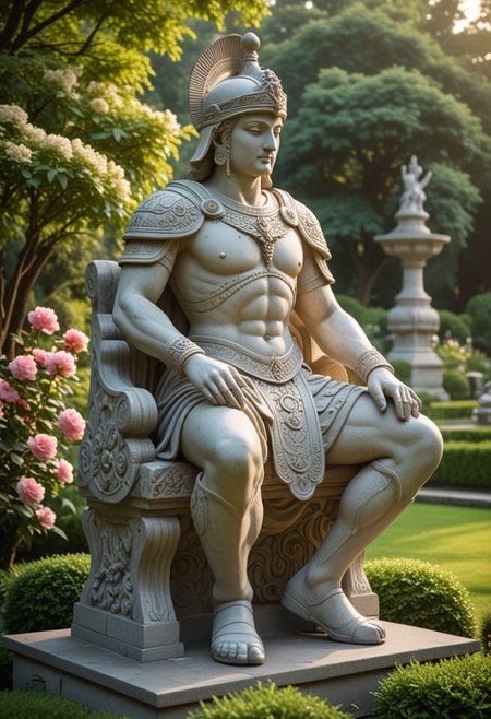 (medium full shot) of (grand stone statue) seated majestically,  , with ornate breastplate,  helmet, located in  a tranquil garden, surrounded by lush greenery, with flowers in bloom, gentle pathways, serene ponds, elegant benches, at dawn, Masterpiece,best quality, photo, realistic, very aesthetic,