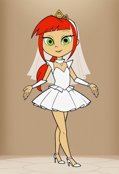<lora:AtomicbettyIllustrious1.0JLFO:1>Betty, 1girl, green eyes, skirt, long hair, orange hair, standing, hairband, solo, looking at viewer,  smile, full body, barefoot, perfect Small flat chest natural breasts;
Wedding dress, Wedding veil, Golden tiara, white high heels sandals,