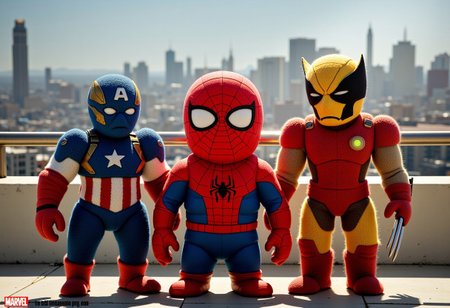 Captain America Spider-Man Iron Man Wolverine Potato, Standing on the terrace overlooking the city, sunbathing, on the rooftop, balcony, railings, 
adorable, brightly colored, cheerful, influence, naughty face, laughing, happy, playful, bright, vibrant, light-hearted, Marvel movie poster