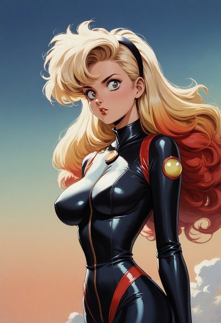 score_9, score_8_up, score_7_up, (source_anime), masterpiece, high quality, r3tr0b1u3, retro, 1girl, solo focus, (blonde hair, red hair, gradient hair), (bright eyes), hairband, gradient hair, catsuit, solo, (tanned skin), large breasts, posing