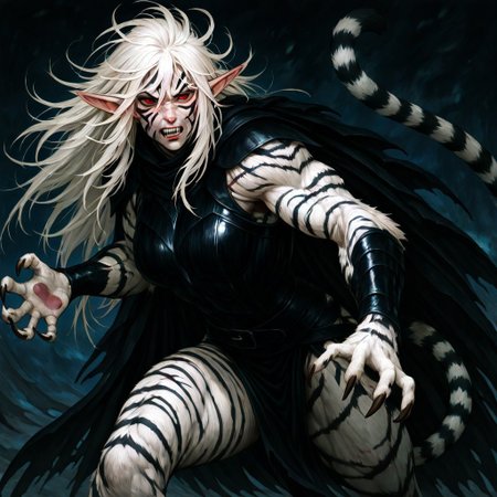 masterpiece, best quality, newest, absurdres, highres, TGV1.0, tiger girl, facial mark, animal ears, cat ears  tiger ears, tiger tail, tiger paws, tiger stripes, 1girl, pale, white skin, colored skin, pale skin, elf, pointy ears, muscular woman, armor, cape, leather armor, scar, scars on face, white hair, long hair, messy hair, black armor, black leather, white fur, tiger stripes, sharp teeth, angry, red eyes, claws, incoming attack, dynamic pose, 
