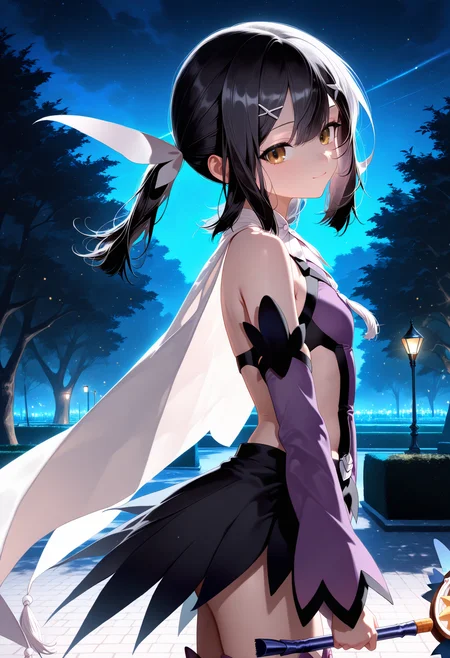 lazypos,  <lora:nyaliasty2:1> nyaliasty,  <lora:Dramatic Lighting Slider:2.85>, <lora:miyuedelfelt:1> miyuFKPE,
1girl, miyu edelfelt, brown eyes,  black hair, sidelocks, twintails, white ribbon, magical girl, feather hair ornament, purple leotard, black trim, purple thighhighs, detached sleeves, purple sleeves, black skirt, white cape, bare shoulders, 
from side, arms at sides,  holding wand,  looking at viewer, happy, light smile,
outdoors, night, park,