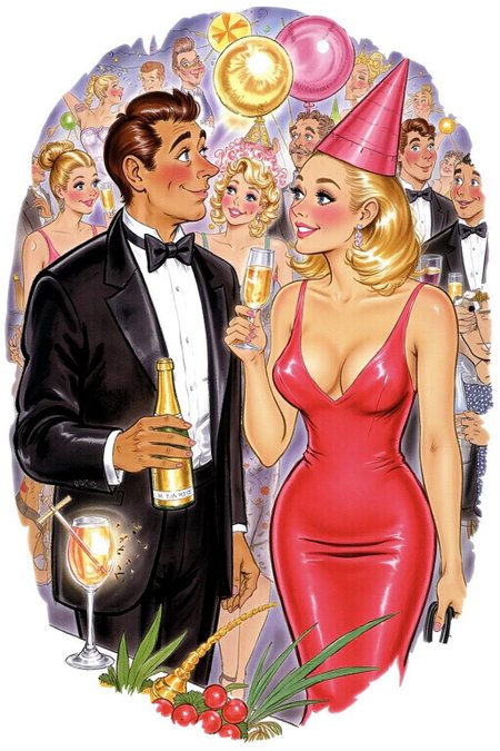 d0sn Illustration.
A man in a black tuxedo and a woman in a red dress are at a party. The man is holding a champagne bottle in his left hand. The woman has blonde hair and a pink hat on her head.  <lora:d0sn_illus1_fl_d6a3:1.0> <lora:Flux-Sch-SingleBlocks-BF16:1.0><lora:803573705461585609:0>
