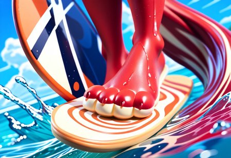 score_9, score_8_up, score_7_up, score_6_up, score_5_up, score_4_up, 1girl, furry female, alice, red squirrel, barefoot, red feet, 3 toes, foot focus, water, surfing, feet on surfboard, wet on feet, close-up