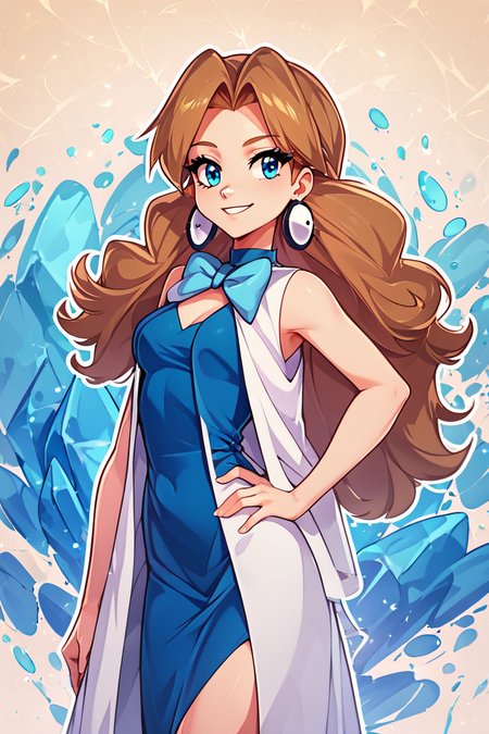 score_9, score_8_up, score_8, medium breasts, (curvy), cute, eyelashes,      rating safe,   BREAK,  <lora:Molly_Pokemon_PDXL:0.8>,  zzMolly,  blue eyes, brown hair, parted bangs, long hair,  blue dress, jewelry, earrings, blue bowtie, sleeveless, blue bow, white coat,   abstract blue crystal background, white outline,   smile, hand on hip,   <lora:CatalystStylePDXL:0.6>,  <lora:SDXLFaeTastic2400:0.5>,  <lora:Expressive_H-000001:0.4>,