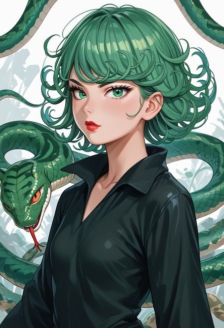 score_9,score_8_up,score_7_up,score_6_up,score_5_up,source_anime,1girl, 1girl, tatsumaki,  green eyes, saitama outfit, shortstack, looking at viewer, bald girl, 19yo, lipstick , flirty, snake, snake on shoulders, upper body view,