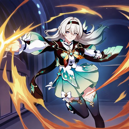 masterpiece, best quality, <lora:age_slider_v4:4> <lora:thicc_v1.4-pony:1.5>,detailed_background,indoors,orange neckerchief,floating hair,medium breasts,long sleeves,solo,hairband,green skirt,highres,hair between eyes,outstretched arm,shirt,white shirt,skirt,full body,firefly \(honkai: star rail\),hair ornament,henshin,honkai \(series\),high heels,honkai: star rail,cropped jacket,zima \(zima zima\),grey hair,closed mouth,fire,black jacket,absurdres,gradient hair,holding,two-tone eyes,black hairband,neckerchief,jacket,frills,multicolored hair,1girl,long hair,breasts,frilled sleeves,looking at viewer
