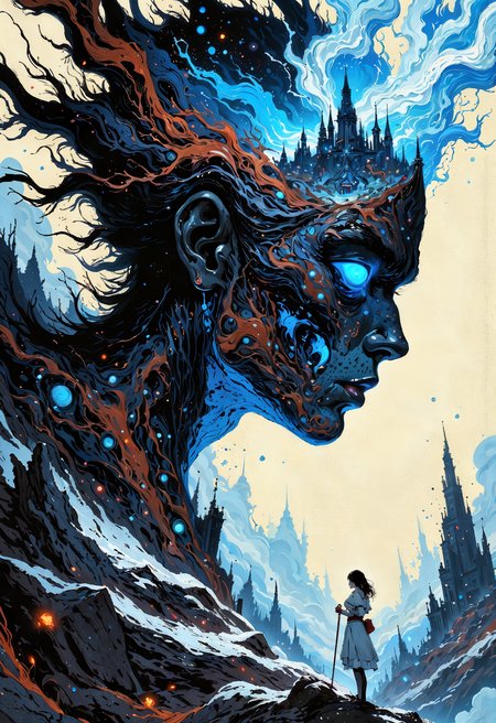 (in Otomo Katsuhiro style:1.2), masterpiece, high-quality, A ghostly painter dressed in flowing ink-stained garments, wielding an oversized brush as though its a weapon, Each stroke she paints on thin air brings to life fragments of a surreal landscape a floating palace a river of stars, mountains growing like crystalsâhovering around her in a swirling vortex of imagination, creation in motion, surreal fragments, floating art, Stylized anime with painterly abstract effects and a sense of fluidity, (elaborate fine details:1.1), (hyperdetailed:1.1), (intricate details:1.0), (Refined details:1.1), (best quality:1.1), (high resolution:1.2), <lora:FLUX\Anime v1.3:0.6> <lora:FLUX\VividlyReal:0.6> <lora:FLUX\FLUX-daubrez-DB4RZ:0.4>