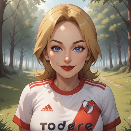 score_9, score_8, BREAK, solo, wii, mii, wii sports, 1girl, female mii, blonde hair, blue eyes, brown eyebrows, red lips, lipstick, RiverPlate, striped shirt, striped, shirt, white shirt, short sleeves, clothes writing, sportswear, soccer uniform, big breasts, (((adult female, mature female))), Montserrat_(OC_Mii), cute, sexy pose, self portrait, smile, outdoors, sunlight, shadows, evening lighting, natural lighting, forest, trees, grass, orange sky, sunset