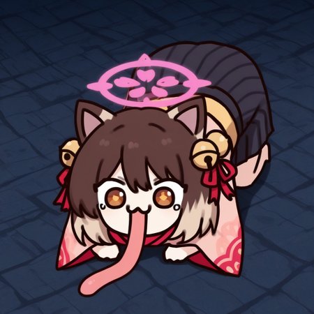 Ichihime, 1girl, solo, cat girl, multicolored hair, gradient hair, brown eyes, red eyes, animal ears, cat ears, hair bell, hair ribbon, tail, chibi, halo, parody, on stomach, mismatched pupils, all fours, very long tongue, :3
(masterpiece, amazing quality, absurdres, highres, newest, very awa:1.2)