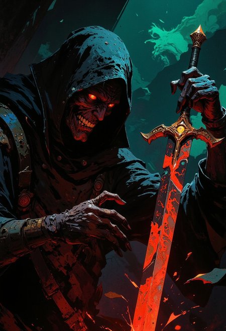 high quality, dynamic angle, unusual angle, dynamic, dynamic composition, single sword, runic engraving, runes, sould of the damned, broken sword, broken, damaged In the dim, flickering light, a sinister shadowy figure emerges, its presence cloaked in an air of mystery. (Looking at the viewer with sinister smile:1.3) Slowly, it reaches out toward the hilt of the shattered runic sword, its movements deliberate yet hesitant. The ancient engravings on the hilt begin to pulse faintly, glowing like a dying ember, their light casting eerie shadows across the figure’s outstretched hand. The closer it gets, the air grows colder, heavy with an otherworldly presence. From the jagged break in the blade, spectral wisps begin to unfurl, curling and twisting like smoke, their forms coalescing into ghostly faces etched with agony. Whispers fill the air—soft at first, but rising into a cacophony of tormented wails. The figure’s hand trembles as its fingers hover just above the hilt, as though sensing the weight of the cursed power it is about to claim. Finally, with a sharp intake of breath, the hand closes around the sword. The runes ignite with a blinding light, and the escaping souls recoil, writhing in both fear and fury <lora:FLUX\FLUX-daubrez-DB4RZ:0.3> <lora:FLUX\ArcaneFGTNR:0.5> <lora:FLUX\VividlySurrealApex:0.6> <lora:FLUX\Anime v1.3:0.5>