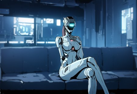 score_9, score_8_up, score_7_up, depth of field, raw, highly detailed, 1girl, solo, medium breasts, female robot, robot girl, tall, skinny, head screen, helmet, long pink ponytail, standing, luminescent futuristic screen, window, futuristic city in the background, screen for head, no face, head display with crt  glowing screen, digital face, digital eyes, digital mouth, medium breasts, chest, hand on own chest, thighs, metal body, vivid colors, neon glow, moody lighting, futuristic apartment, couch, sofa, table, curtains, crossed legs,
<lora:scav3ngersV4_epoch_2:1.8>,