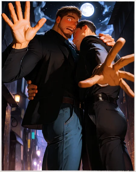 <lora:Polaroid style illu v1:1> ((Polaroid, Polaroid style)), surprised face, hug, clinch, hands at the viewer, reaching to the viwer, embarrassed face, waving hands, 
<lora:pose_perspective:1>  perspective, blurry background, blurry foreground, from below
2boys, hug, cowboy shot, standing, dark alley, moon, dark cloud, night, from side, black shirt, belt, blue jeans, shoes, long pants, black business suit, white shirt, blue tie, 
(very short hair), male focus, muscular male, bara, mature, (glossy skin, bara, mature, facial hair,), facial hair, bara, mature,  aixiwuganda_(20222192), very awa, masterpiece, best quality, absurdres, newest, perfect quality, detailed background, intricate details,<lora:slider_Body Type_alpha1.0_rank4_noxattn_last:1><lora:Anime Summer Days 2 Style SDXL_LoRA_Pony Diffusion V6 XL:.6> <lora:slider_cfg_scale_boost:.7><lora:Artist6p:.55>, Artist6p, Artist04p,<lora:slider_il_brightness_slider_d1:-.5><lora:slider_il_contrast_slider_d1:-.5>,<lora:slider_contract_controller_illus01_v1:.3>,<lora:slider_DarkSlider1.2_alpha1.0_rank16_full_300steps:-.3><lora:Heavenly_Beauty_r1:1>, (heavenlybeauty,)<lora:slider_style_strength_controller_illus01_v1:.25>