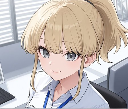 1girl, Iyo, ponytail, shirt, id card, office, smile, blonde hair, grey eyes