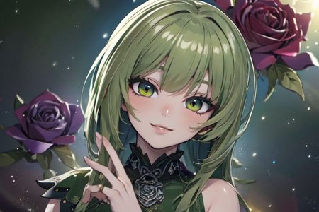 (masterpiece:1.4), 4K8K, (anime style), (high shutterspeed:1.4), (sharp edges), 
SyFyEye1, FanFo, 
1woman  hands togather,  leaning foward, face focus, smile, closed mouth, 
wearing Celtic style dress, (Detailed face, Detailed eyes, Detailed lips), (solo), 
olive hair, any colored roses, Fantastic, turf,