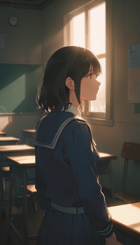 A lone schoolgirl, dressed in her crisp white and blue uniform, stands pensively by a chalkboard in an empty classroom. Soft, warm lighting illuminates the scene, with a subtle hint of sunlight peeking through the windows. Her long black hair cascades down her back as she gazes downward, lost in thought. warm, tranquility and peace,serenity-style