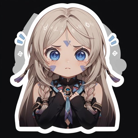 1girl,Citlali_(Genshin_Impact),citlali,long hair,facial mark,blue eyes,twin braids((unhappy)),black background,twitch emote, chibi, outline, sticker,solo,perfect eyes,expressive,ExpressAmetur,dynamic pose,cute,detailed,one big tear,tear drop,huge eyes,big eyes