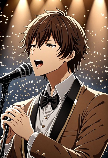 high resolution, solo, best quality, 1Boy, Seiya Kanie, Brownish Hair, singing, portraits, dept of field, virtual concert, playing musical instrument, OverallDetail