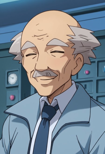 safe_pos, safe_pos, score_9, score_8_up, score_7_up, rating_nsfw, ultra hd, absurdres, solo, 1boy, masterpiece, best quality, best aesthetic, Expressiveh, wolfconf,

PokemonBenjamin, bald with grey hair, mustache, closed eyes, blue necktie, light blue shirt with jacket, lab, (portrait), headshot, smiling, facing viewer, hd