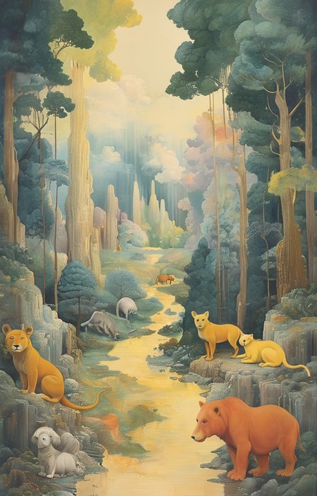 masterpiece,best quality,<lora:tbh222-sdxl:0.9>,illustration,style of Ronnie Landfield animals