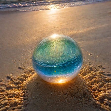 macrophotography,extreme close up of (perfectly spheric giant glass ball) partially buried in sand beach at sunset, Sunset beams on the windblown sand through glass, <lora:EnvyRefractionXL01:1>, This should be a ((masterpiece)) with a ((best_quality)) in ultra-high resolution, both ((4K)) and ((8K)), incorporating ((HDR)) for vividness. It uses a ((Kodak Portra 400)) lens for timeless, professional quality. Emphasizes a ((blurred background)) with a touch of ((bokeh)) and ((lens flare)) for an artistic effect. Enhance ((vibrant colors)) for a vivid look. Make sure the photograph is ((ultra-detailed)) and shows ((absurd)) details. Pay special attention to capturing the ((sadness)) of the subject. The goal is to create a ((professional photograph)) that is visually stunning and technically excellent, fluorescent dust, glowing dust