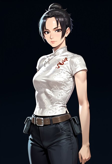 score_9, score_8_up, score_7_up, source_realistic, BREAK 1girl, solo, fongling, asian, black hair, hair bun, black eyes, Chinese clothes, single glove, belt, pouches, pants,
