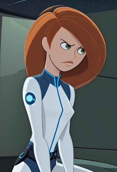 kim, small breasts, orange hair,
Battlesuit,
solo, short, athletic, blushing,  
expressiveh, 
close up view down shirt, bent over, chest focus view, 
bedroom, on bed, 
naughty look, grin