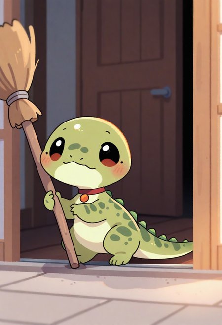 (masterpiece, best quality, high quality, highres), very awa, highres, absurdres,
(naguru \(cyoroama\), (chii-kun \(seedyoulater\):0.7), 
pikaole, cute, animal focus,
(lizard:1.1), embarassed, (cute:1.2), (solo:1.2), (axolotl:0.5), green skin, 
 red choker with buckle, 
sweeping the floor with a broom,
cozy house corridor,