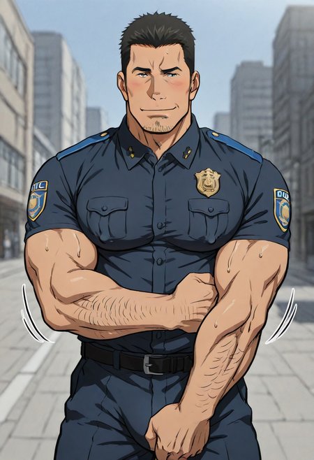 Anime, quality,high quality,masterpiece,extremely detailed,correct anatomy,best aesthetic, detailed face, 1man,  ( crew cut, black hair, large pectorals, body hairy, big taller_male, steamy, sweaty body, daddy, daddy face, middle aged), (covered puffy nipples), (smirk face, blush , looking at viewer, bulge), ( police uniform:1.5, motion lines, motions, folding arms ),  outdoor, on the street, city, huge buildings, dynamic background