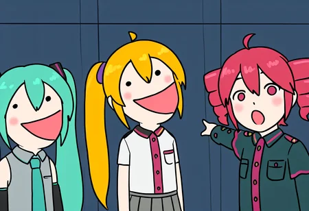 (masterpiece, high quality, amazing detail), highres, two_soyjaks_pointing_(meme), looking at viewer, blush, 3girls, standing,
BREAK
hatsune miku, pwdtaa, open mouth, serious, solid circle eyes,  
BREAK
akita neru, pwdtaa, open mouth, serious, solid circle eyes,  
BREAK
kasane teto, :o, pointing,
<lora:two_soyjaks_pointing_meme:1>, <lora:dontthinkv2_illustrious:0.9>