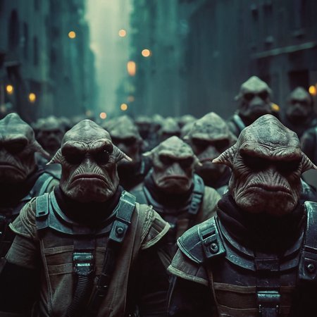 cinematic film still of <lora:add-detail-xl:0.7>1
<lora:detailed:0.4> detailed style
<lora:perfection style:0.4> perfection style
 <lora:Le Cinquieme Element style:0.9>
 Mangalores Mercenaries a group of creatures of people with faces,looking at viewer, shallow depth of field, vignette, highly detailed, high budget, bokeh, cinemascope, moody, epic, gorgeous, film grain, grainy