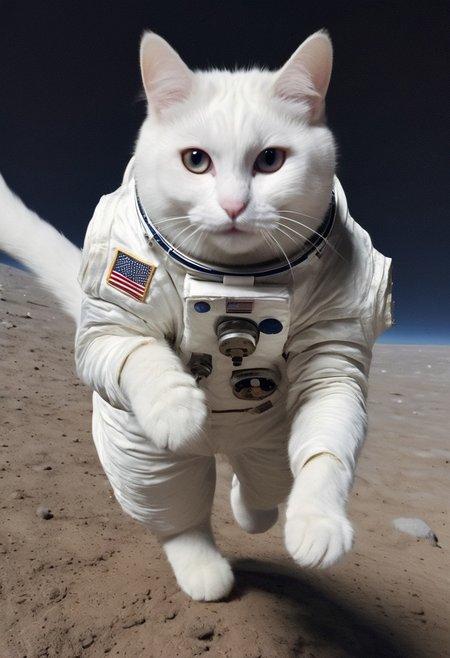 GrubCat, (white cat dressed like a astronaut), wearing astronaut suit, wearing astronaut helmet, jumping on the moon, in space, heterochromia, enhanced textures, creative, beautiful, vibrant, masterpiece, 8k, Ultra HD, amazing details, amazing quality, amazing artist, sharp edges, detailed textures, full view, atmospheric lighting, amazing visuals