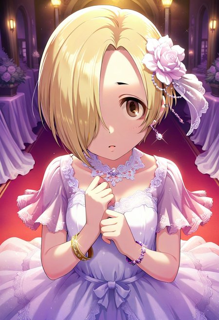 masterpiece,best quality,amazing quality, shirasaka koume, blonde hair, hair over one eye, short hair, brown eyes, 1girl, jewelry, solo, hair ornament, earrings, flower, dress, hair flower, looking at viewer, bracelet