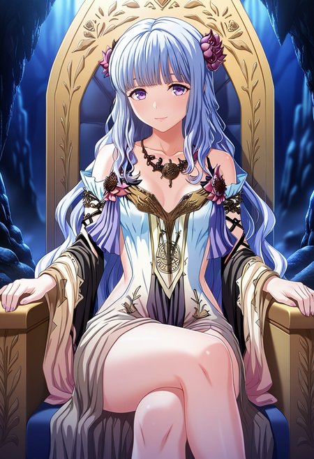 masterpiece, best quality, amazing quality,persephone, purple eyes, blue hair, long hair, 1girl, solo,dress, hair flower,detached sleeves, bare shoulders, breasts, necklace,closed mouth, light smile,sitting, crossed legs, looking at viewer, indoors, throne, cave, dark, blue background, ruins, blurry background <lora:persephoneV1:0.8>