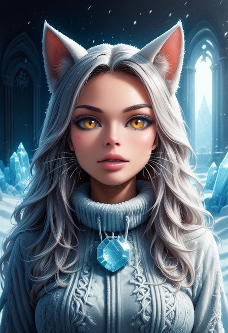 32k, cphotorealistic:1.4, score_9, score_8_up, score_7_up, semi side view, Cambodian woman, long hair, huge boobs, small waist, fitness body, toned muscle, wide hips, An extreme photorealistic upper body shot of a cat girl with mesmerizing golden eyes and slit pupils. She has long, flowing two-tone hair, white and black, with striking, unrealistic beauty. Her pink lips curve slightly to reveal sharp fangs, and her long fingernails are a key feature of her sleek cat suit. Include tiny imperfections like pores, faint freckles, and slight skin texture variations to add realism. Realistic lip texture with soft lines, slight gloss, and natural color variation. Realistically detailed tear ducts, slightly moist, enhancing the natural appearance of the eyes. Faint, barely visible veins under the eyes, adding depth and authenticity to the skin. Individually rendered eyebrow hairs with natural variation in direction, length, and thickness. Variation in hair strand thickness, with some thinner and finer than others. Detailed texture on the red cat suit, showing the weave or material pattern, such as leather, spandex, or velvet. Shadows that move with the character, responding to her position and the light source accurately, 28 YEARS OLD, wrinkles, cat girl, crystal, gem, sparkle, BLUE EYES, CAT EYES, denise, catgirl, Gothic castle, lively, luminescent, Majestic castle, big eyes, fr0stwrld, snow, ice, (whiskers:1.4)