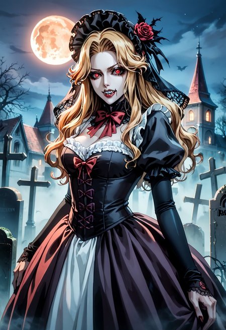score_9, score_8_up, score_7_up, score_6_up, score_5_up, score_4_up, c4stl3v4ni4, (perfect face, perfect eyes), BREAK, 1woman, grey skin, white skin, (fangs), (vampire), long blonde hair, sidelocks, bang, updo, messy hair, curly hair, eyelashes, (red eyes), bleach style, wearing a victorian dress, elbow gloves, victorian widow face veil, victorian hat, 
Outside at night, a walled cemetary in the distance, graveyard, stone,AddXL, sm_an_stl ,source_anime, anime screencap, anime, animification, fog, dark, night, haze, halloween, full moon, vampire, undead