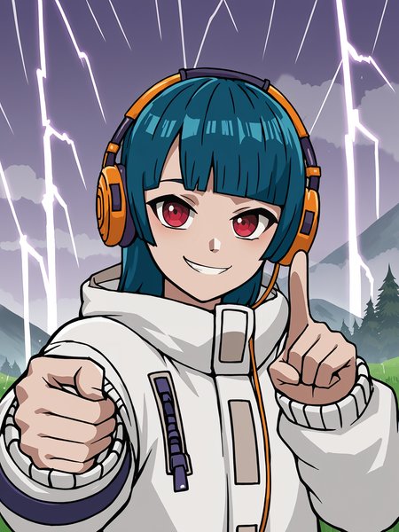 outside, island, (purple sky), storm, rain, lightning, 1girl, solo, smirk, source_anime, score_9, fnyuki, looking at viewer, <lora:Yuki (Fortnite):0.95>, pointing at viewer