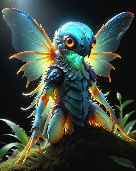 macro photography, (photorealistic:1.3), famous artwork inspired by (henry higginbotham:1.3) and (aaron horkey:1.1) and (jesper ejsing:1.2) and (steve prescott:1.2), detailed expressive eyes, fantasy style, the regal looking "imaginary lootfairy", a creature of the glurbguzzled skies, shown here with its majestic glorbing wings outstretched as it soars above a izzled realm of inflornicated islands and vibrant cascading xivturb of planet "gazorpazorp ii", transparent legs, iridescent eyes, colorful, intricate details, bold lines, hyperrealism, incredibly lifelike, detailed eyes, intricate iris, focus on subject, crisp focus,
 <lora:TheWeirdies_V2:1> theW3iRDi3Sv2,  <lora:add-detail-xl:0.5>, <lora:- SDXL - vanta-black_contrast_V3.0:0.7>, <lora:sss:1>,  <lora:MJ52:0.2>,  <lora:Bio-Luminescence:0.7> bioluminescent,