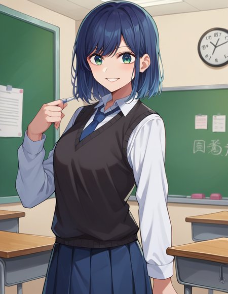 score_9, score_8_up, score_7_up, source_anime,
akanekurokawa, <lora:akane-kurokawa-ponyxl-lora-nochekaiser:1>,
akane kurokawa, bangs, green eyes, blue hair, medium hair, dark blue hair, smile,
shirt, school uniform, white shirt, necktie, collared shirt, vest, blue necktie, skirt, blue skirt,
indoors, classroom,
looking at viewer, cowboy shot, dutch angle,