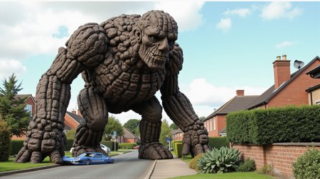 sci-fi style a huge faceless shambling creature
it appears to be made of many interlocked small rough stones like a dry stone wall
the stones are rough and weathered
it shambles through a suburban street
it's so huge it flattens house when it steps on them
(under one of its feet is a flattened car:1.75), crushed metal can be seen poking from under the foot . futuristic, technological, alien worlds, space themes, advanced civilizations