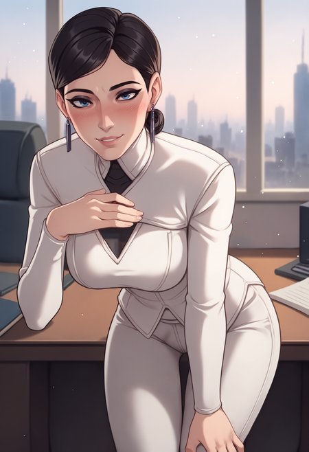score_9, score_8_up, score_7_up BREAK 1girl, solo, mature female, <lora:volskayaOW-ponyxl-beta3-10:1.0>, volskayaOW, single hair bun, makeup, nose, looking at viewer, desk, office, white clothes, grey trim, turtleneck, white pants, long sleeves, earrings, breasts, indoors, blush, seductive smile, parted lips, window, skyline, wide hips, thighs, thigh gap, black hair, skin tight, impossible clothes, leaning forward, hand on own leg, presenting, hand on own chest, blurry background, light particles,