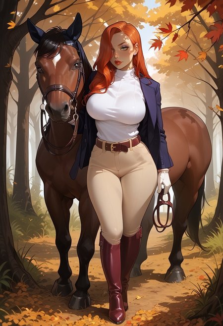 safe_pos, Score 9, score 8_up, score 7_up
BREAK
1girl, solo, jessica rabbit, red hair, hair over right eye, green eyes, large breasts, shirt, boots, pants, gloves, belt,  jacket, horse, holding reins
BREAK
forest, autumn leaves, mountainous horizon