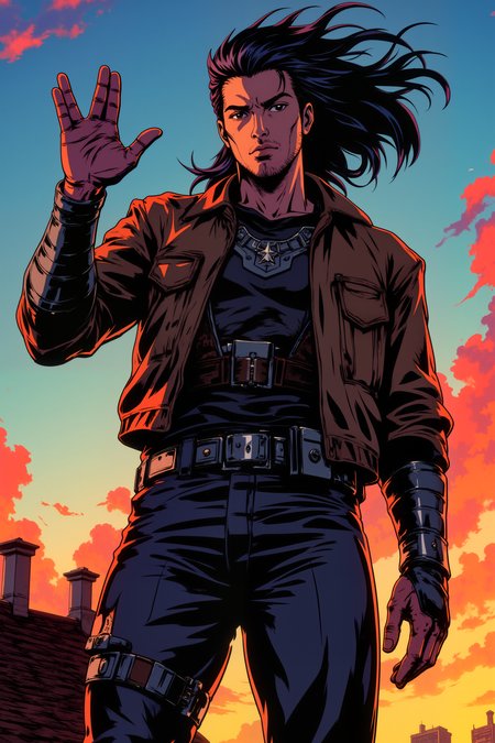 comic book cyberpunk warrior is standing on a roof with hair blowing in the wind. He is giving a v-shaped vulcan salute hand gesture with fingers parted between the middle and ring finger and with extended thumb.Fantastic lighting. Detailed shadows.intricate details, vivid colors, hyper-detailed, ultra-sharp<lora:VULCANSALUTE_FLUX:1.3><lora:RetroAnimeFluxV1:0.5><lora:NeonFantasyFLUX:0.3>