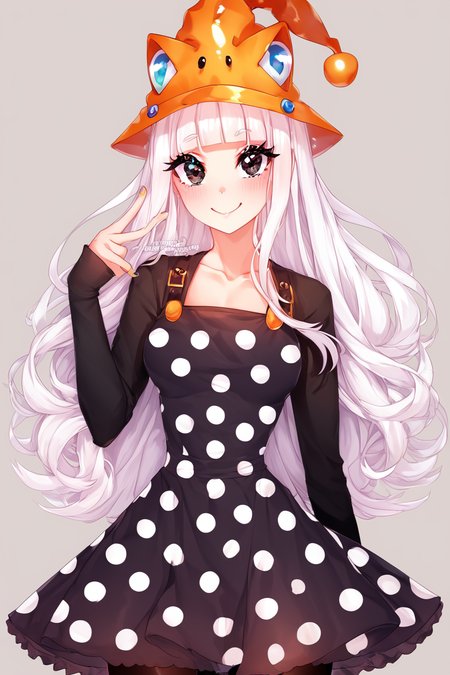 score_9, score_8_up, score_8, medium breasts, (curvy), cute, eyelashes,       BREAK, , zzEruka, black eyes, white hair, blunt bangs, long hair, orange hat, polka dot dress, black dress, black sleeves, pantyhose,    <lora:ErukaFrog_SoulEater_PDXL_v2:1.0>, , BREAK, smile, closed mouth, looking at viewer, cowboy shot, ,,, embedding:zPDXL, Expressiveh, ,,, <lora:Puppypaww_Style_PDXL_v2:0.8>, <lora:SDXLFaeTastic2400:0.5>, <lora:Expressive_H-000001:0.4>,