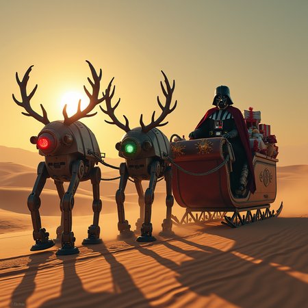 Imagine an image in the style of cinematic photorealism.
Four AT-STs, festively decorated with glowing red and green lights, march in formation across the golden sands of Tatooine, their mechanical legs leaving deep tracks in the desert. Each walker is adorned with oversized reindeer antlers mounted on their domed heads, with a glowing red "nose" light fixed to the lead AT-ST. They pull an enormous, gleaming black sleigh trimmed with Imperial insignias and lined with crimson velvet. Darth Vader sits commandingly in the sleigh, dressed as a sinister Santa, complete with a flowing black cape and a red and white fur-lined robe. Behind him, a massive sack overflows with gifts shaped suspiciously like Imperial weaponry. The twin suns of Tatooine hang low in the sky, casting long shadows and a surreal holiday glow over the desert landscape.