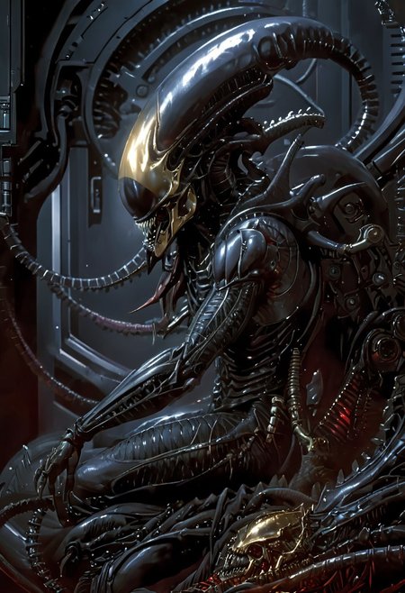 An insanely Detailed Divine Xenomorph, Golden and silver in color, cyberpunk, a crimson tinge to the golden color, Hyperdetailed, Omnipresent, Beautiful, Sinister overtones, otherworldly,