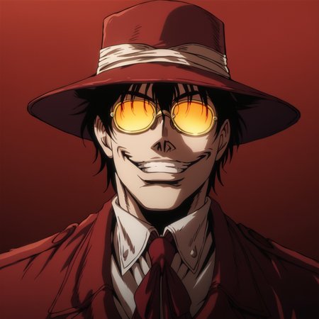 score_9, score_8_up, score_7_up, score_6_up, score_5_up, score_4_up, source_anime, BREAK
hellsing_ultimate_style,, <lora:hellsing_ultimate_style-pony.10:0.8>,
solo,1boy,red theme,evil grin,fedora,yellow glasses,reflection,portrait,black hair,