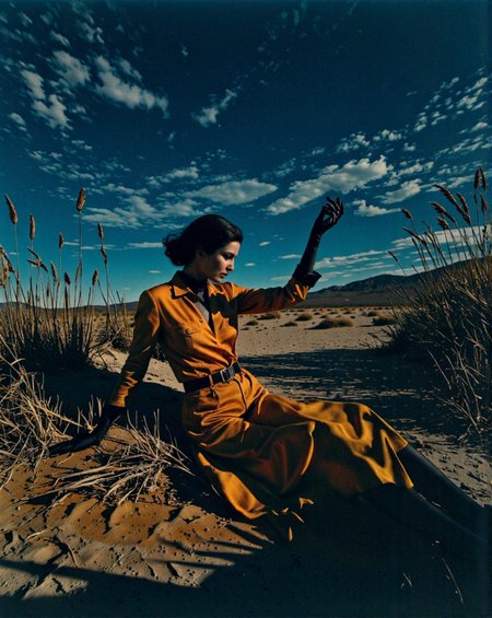 LOW KEY photography, dramatic lighting, deep shadows, rich contrast, moody atmosphere, intense emotions, cinematic feel, mysterious ambiance, emphasizing shape and form, creating depth, evoking drama, storytelling through shadows, professional technique LANDSCAPE PHOTOGRAPHY, vast vistas, natural beauty, dynamic compositions, captivating scenery, immersive, serene     _1 breathtaking woman in the desert with blue sky and tall grasses.   Variation of faded orangeish colors in some areas of the image. HelmutStyleColor.(award-winning, professional, highly detailed, high resolution, masterpiece:1)